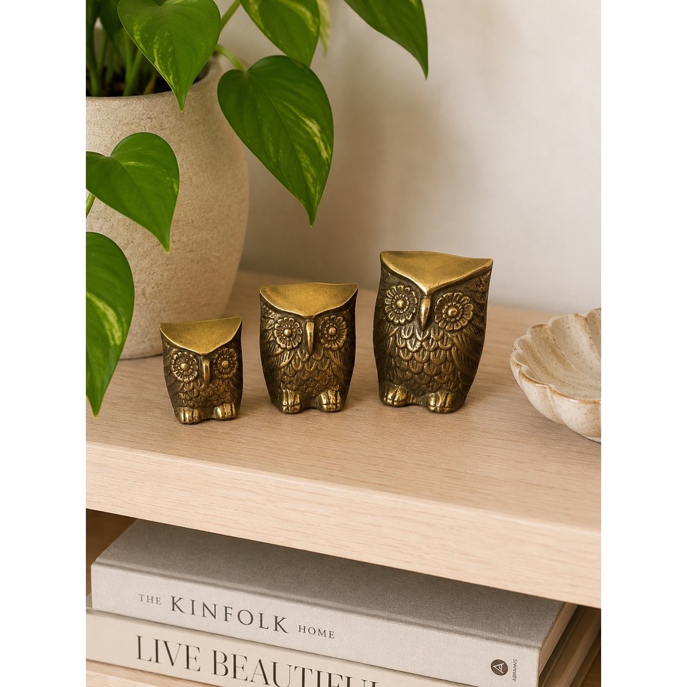 Vintage Solid Brass Owl Family Retro Mini Figurines MCM Paper Weight Bird Curio